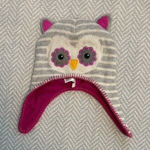 JoJo Maman Bebe Striped Owl Hat in Gray and Pink